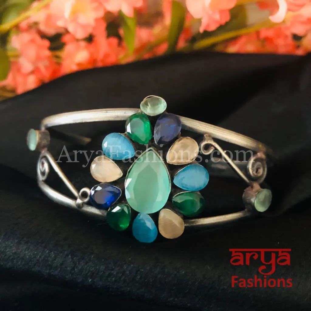 Silver Cuff Bracelet with Multicolor Stone