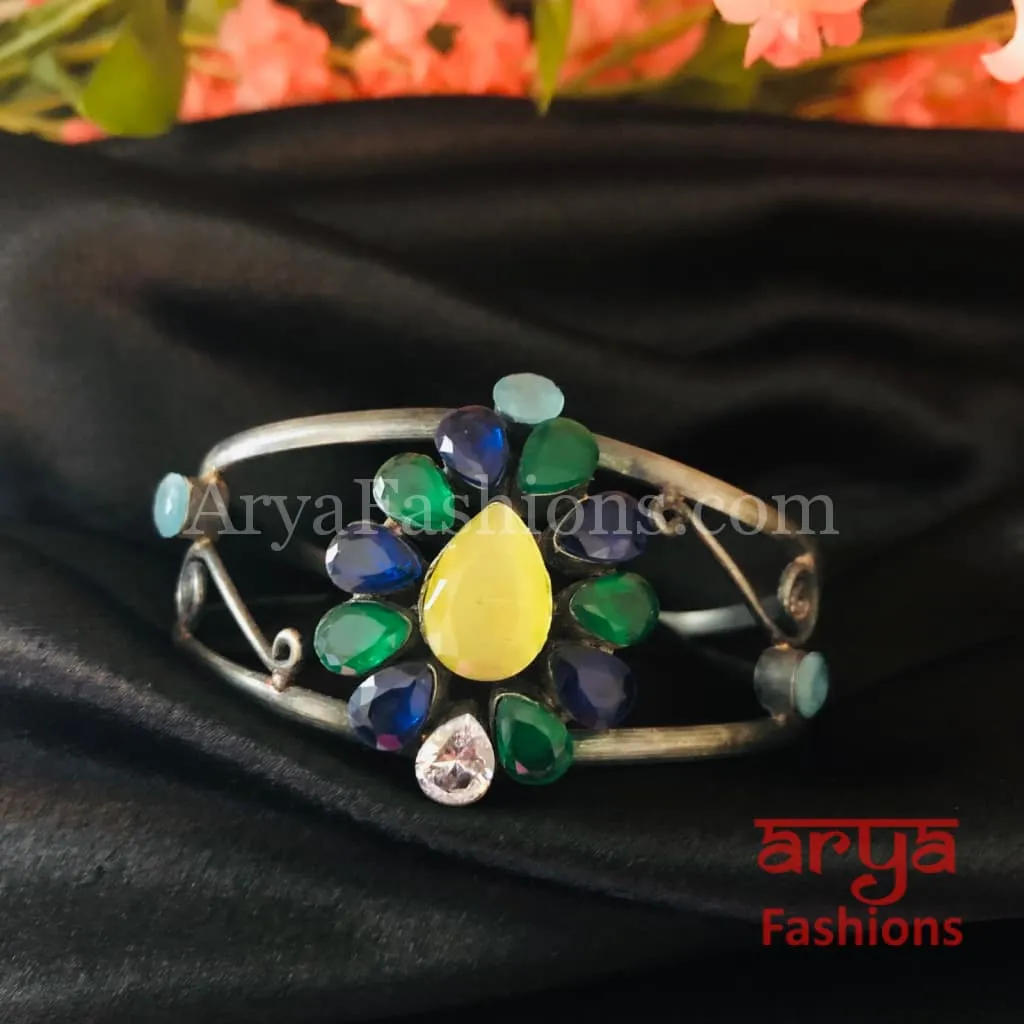 Silver Cuff Bracelet with Multicolor Stone