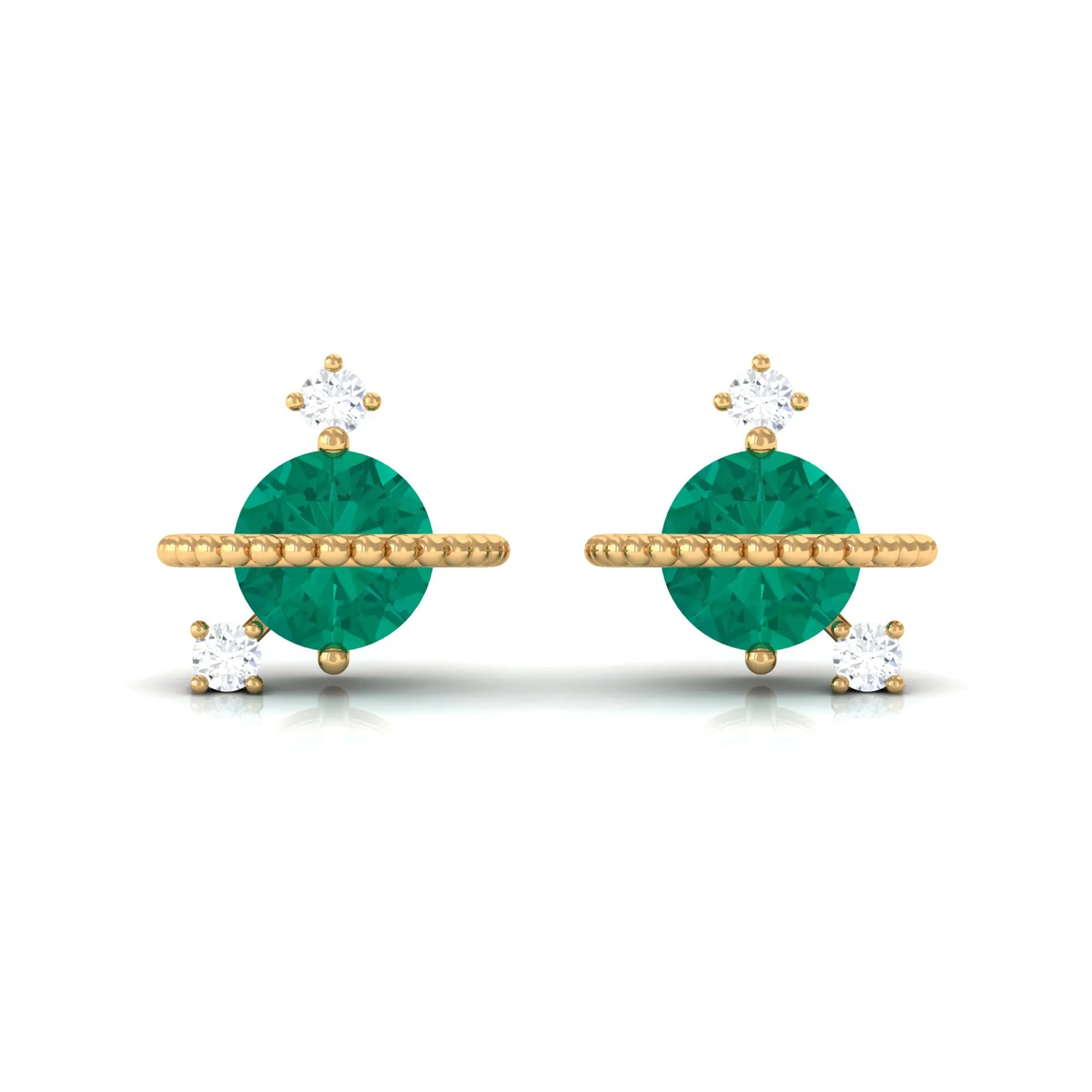 Solitaire Emerald and Diamond Contemporary Stud Earrings