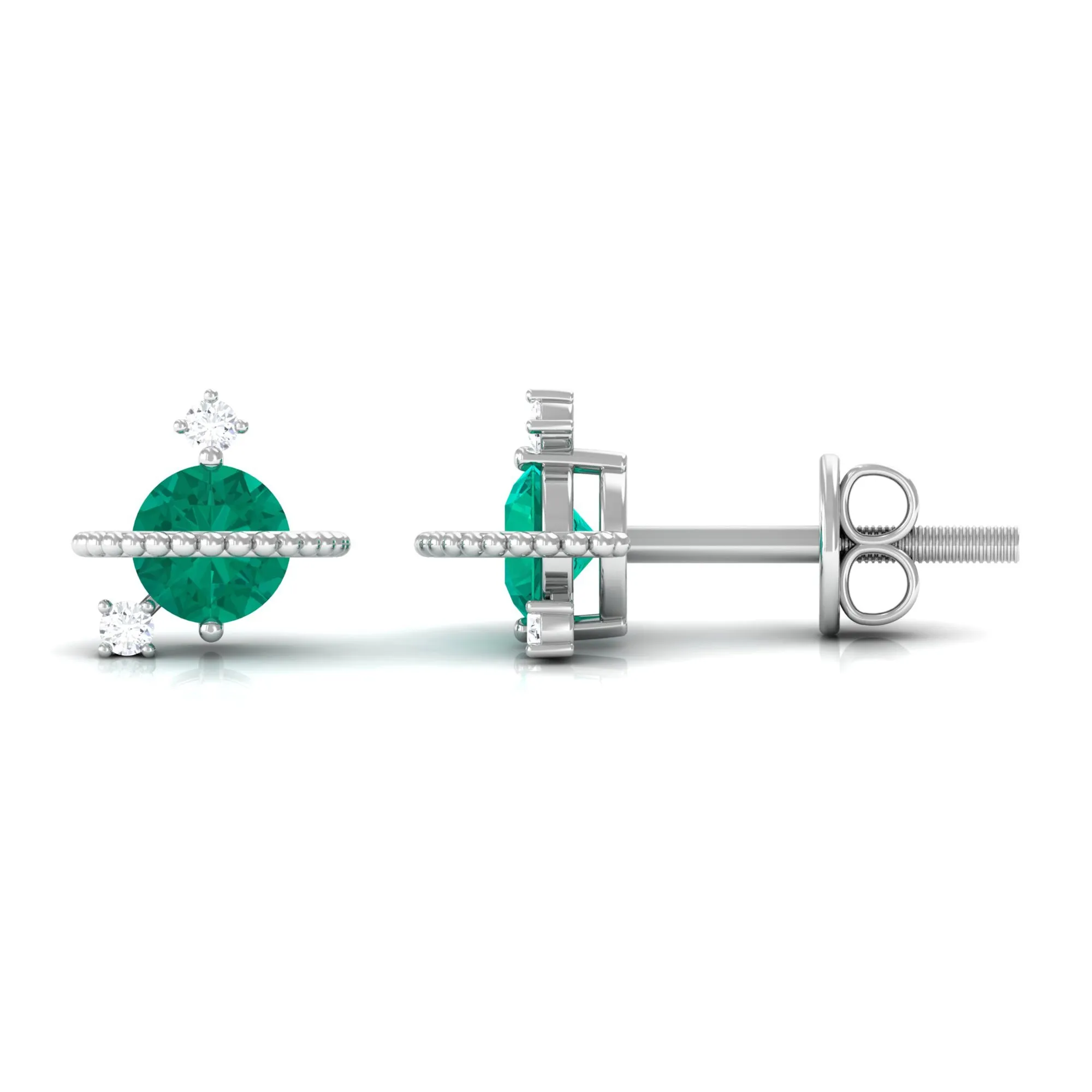 Solitaire Emerald and Diamond Contemporary Stud Earrings