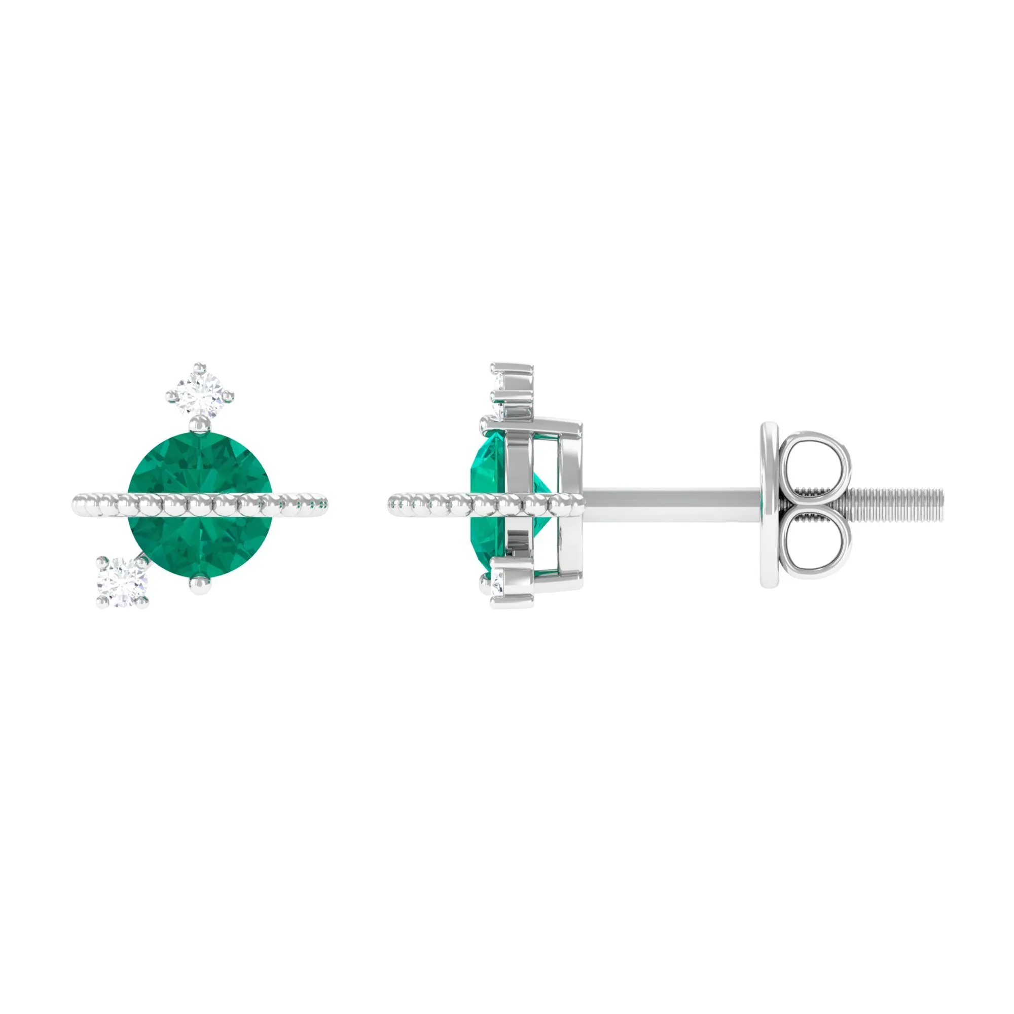 Solitaire Emerald and Diamond Contemporary Stud Earrings