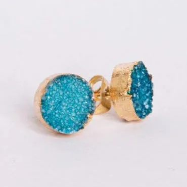 Teal Blue Druzy Set In Gold Stud Earrings