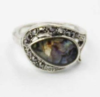 Tear Drop Abalone Shell and Black Crystal Vintage Silver Ring