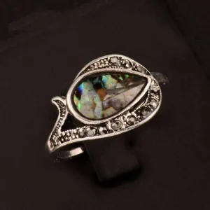 Tear Drop Abalone Shell and Black Crystal Vintage Silver Ring