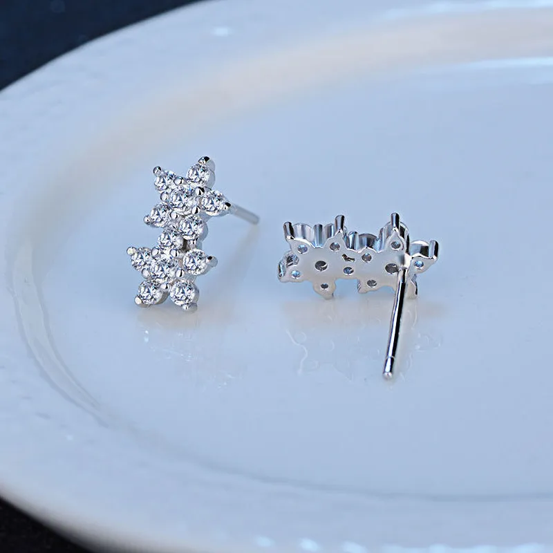 Two Zircon Flowers Silver Studs Earrings for Women