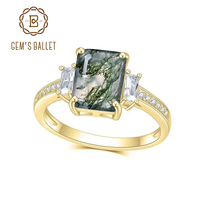 Unique 2.38Ct 7X9Mm Octagon Cut Moss Agate There Stone Engagement Ring in 925 Sterling Silver Women'S Ring