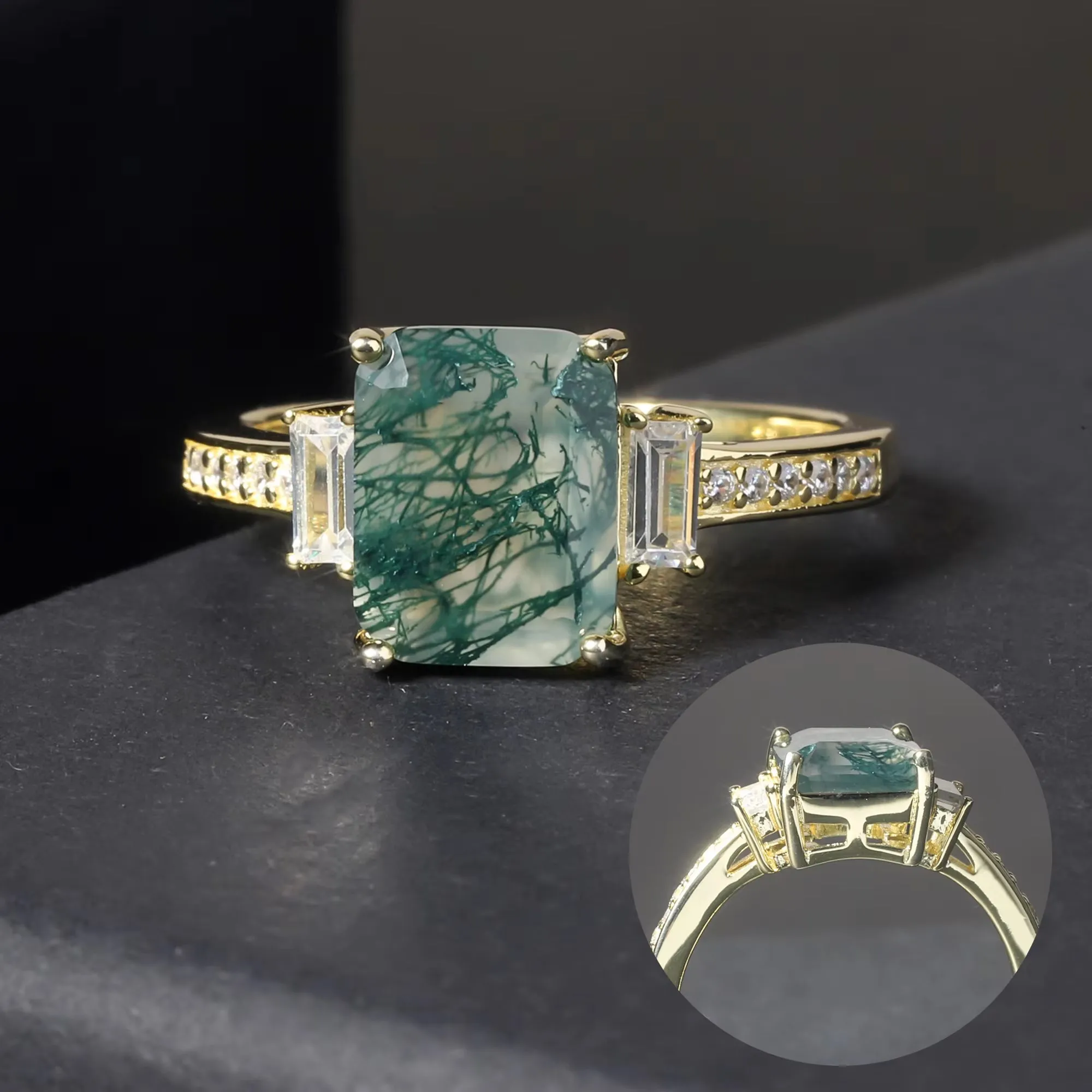 Unique 2.38Ct 7X9Mm Octagon Cut Moss Agate There Stone Engagement Ring in 925 Sterling Silver Women'S Ring