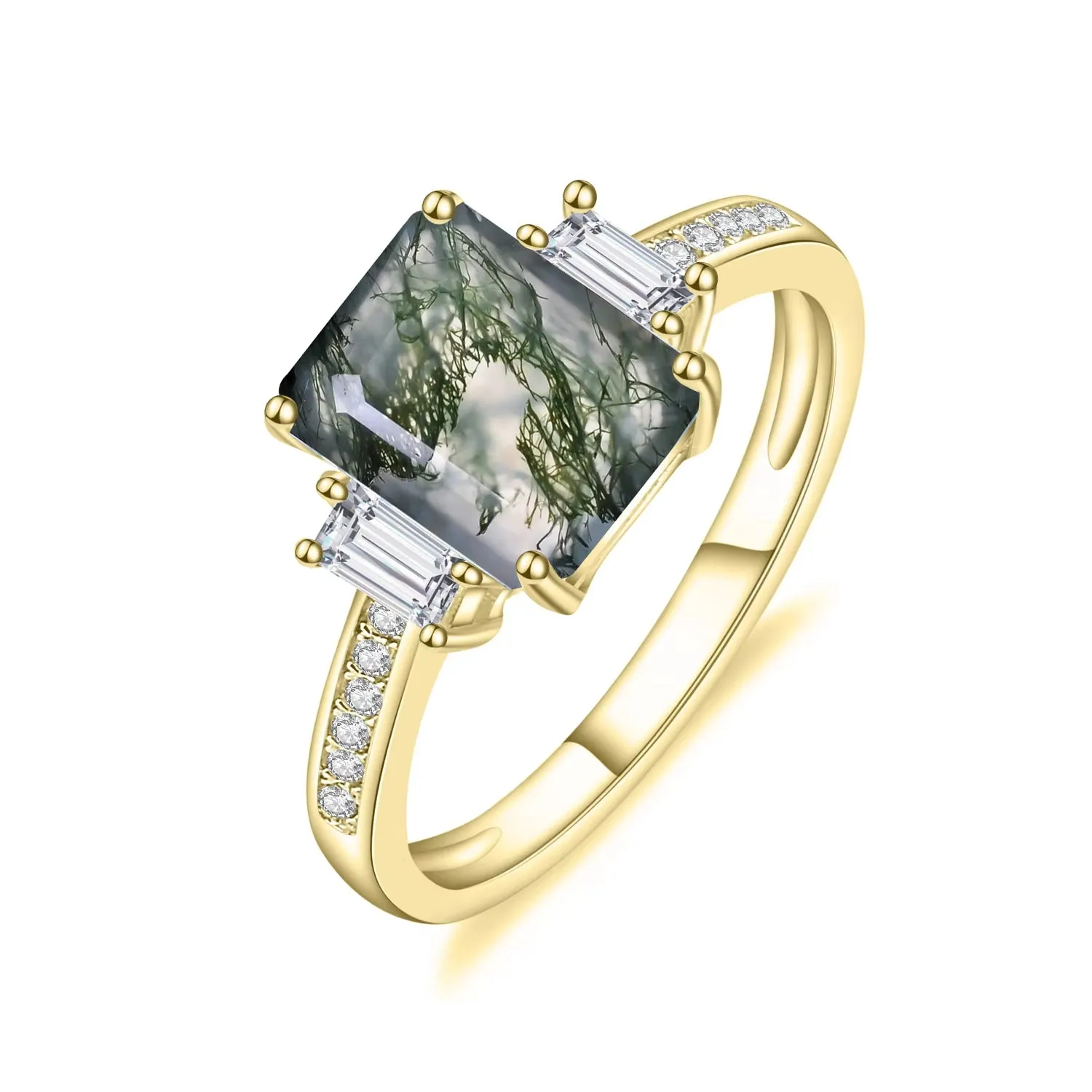 Unique 2.38Ct 7X9Mm Octagon Cut Moss Agate There Stone Engagement Ring in 925 Sterling Silver Women'S Ring