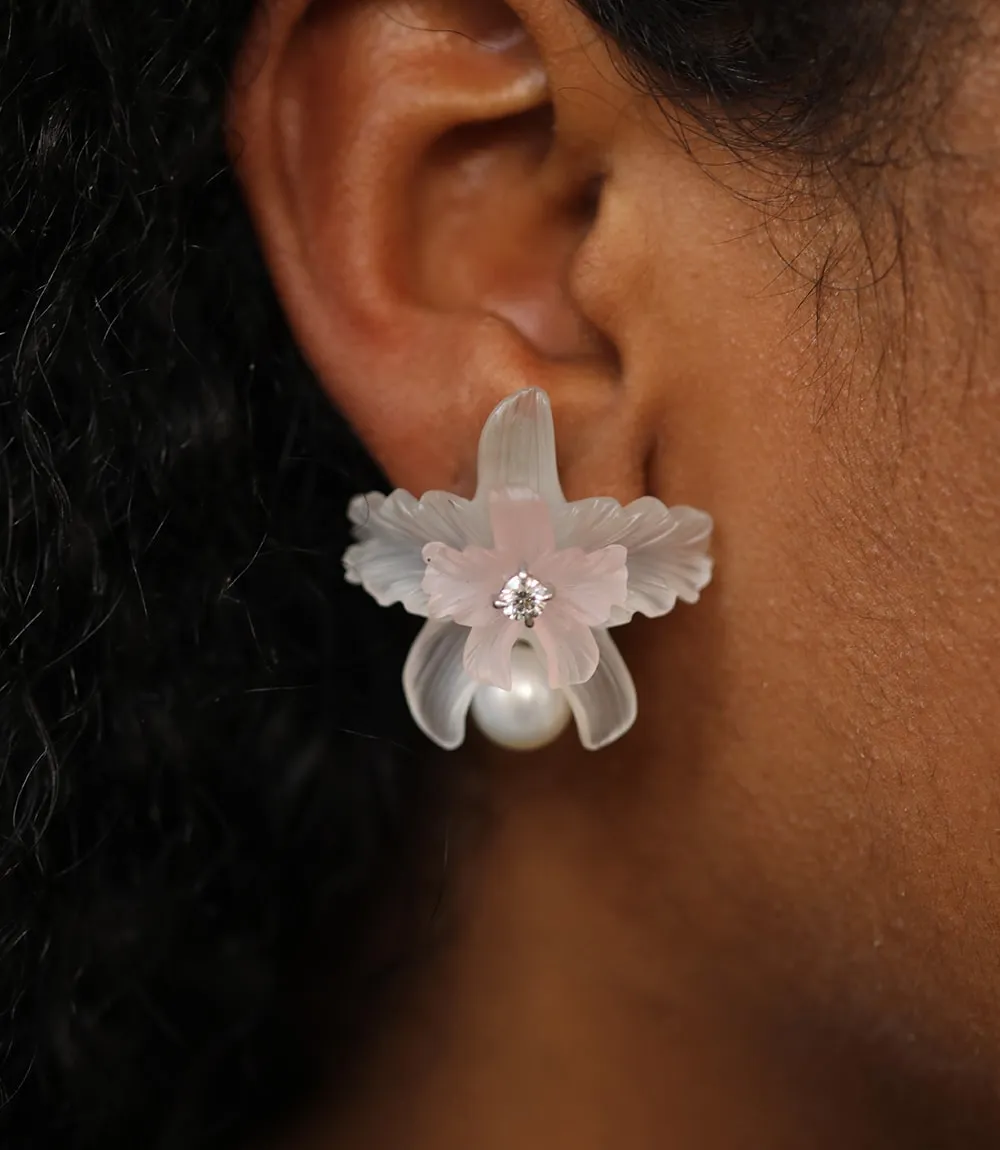 White and Pink Quartz Orchid Earrings