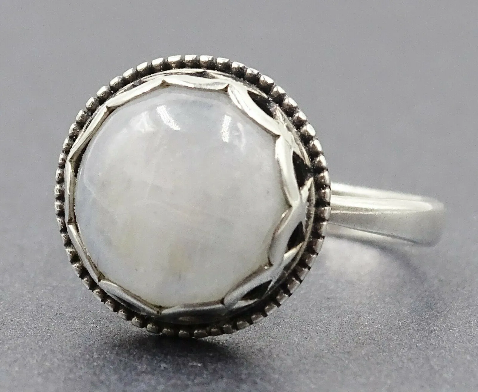 White Labradorite Round Cabochon 925 Sterling Silver Ring