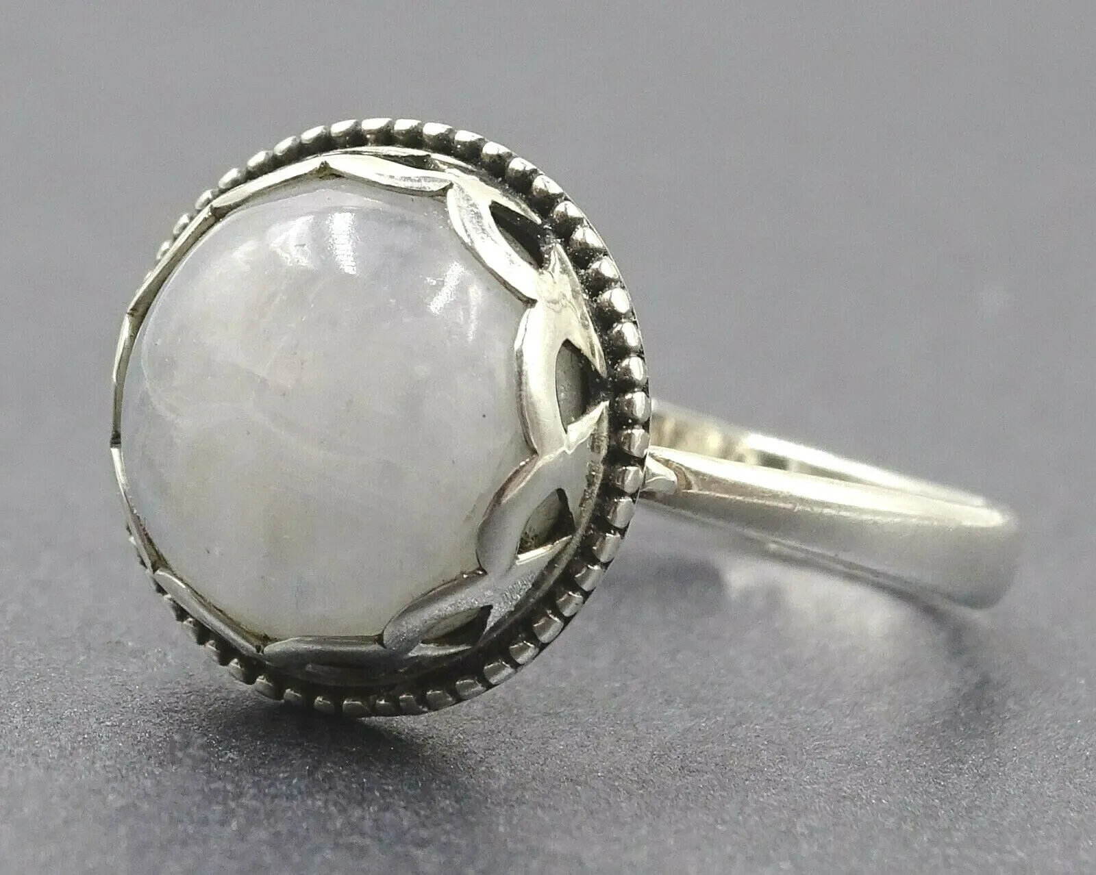 White Labradorite Round Cabochon 925 Sterling Silver Ring