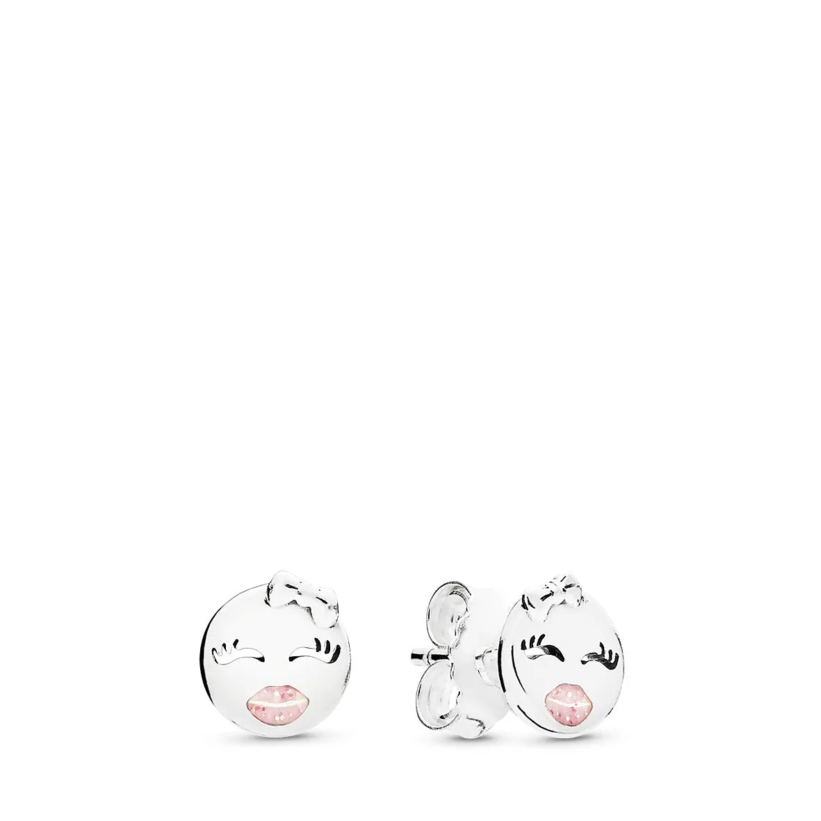 Winking emoticon silver stud earrings with pink enamel