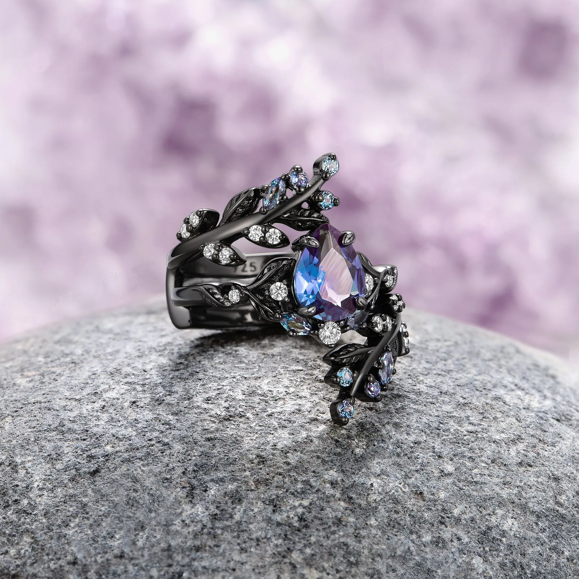 Wisteria Alexandrite Fairy Leaf Ring- Black Rhodium Filled (Two Piece)