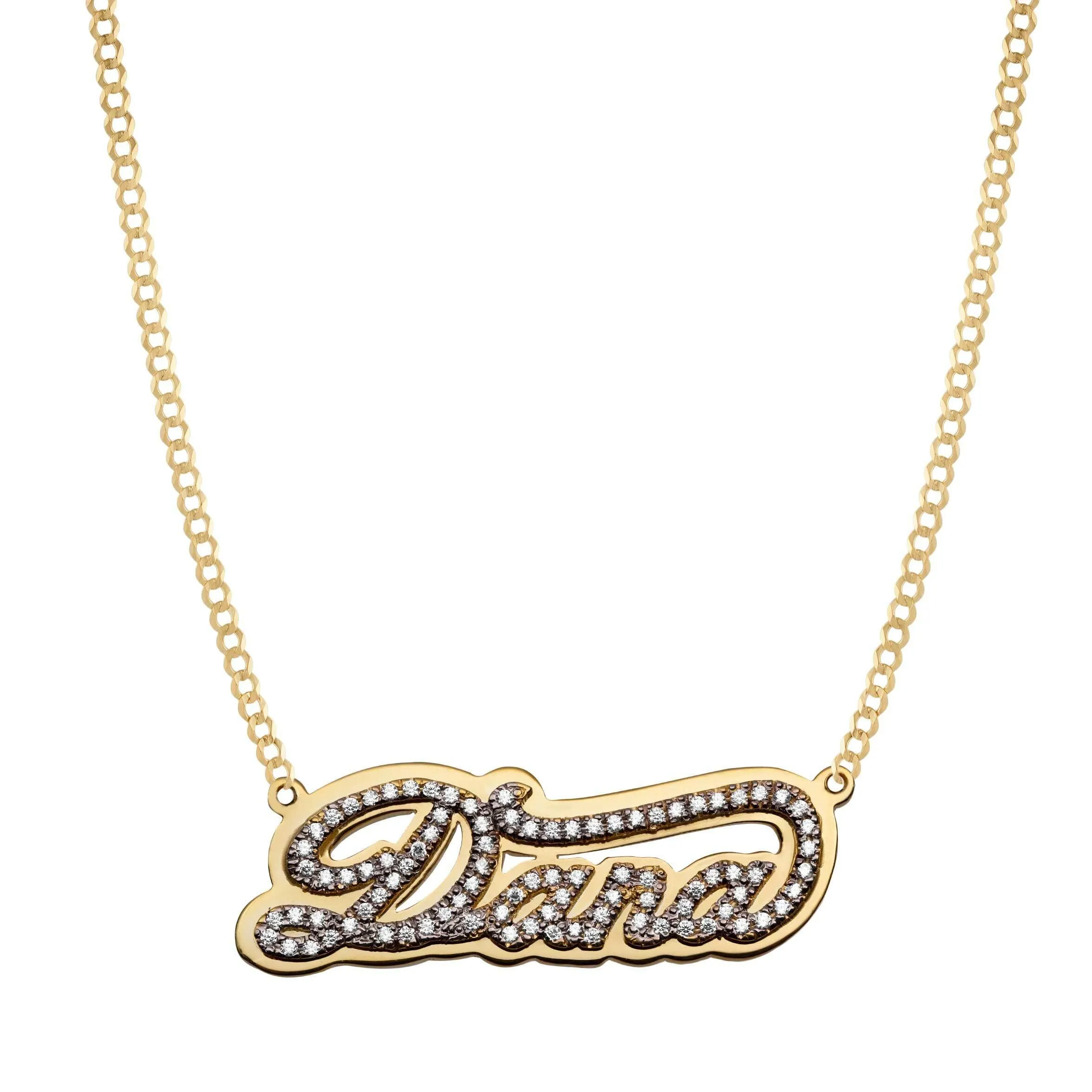 Women's Diamond Script Name Plate Necklace 14K Gold - Style 164