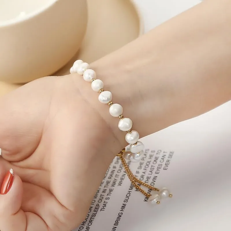 Womens White Freshwater Pearl Bracelet | Handmade 4-5mm Real Pearl Beaded Bracelet for Ladies and Girls