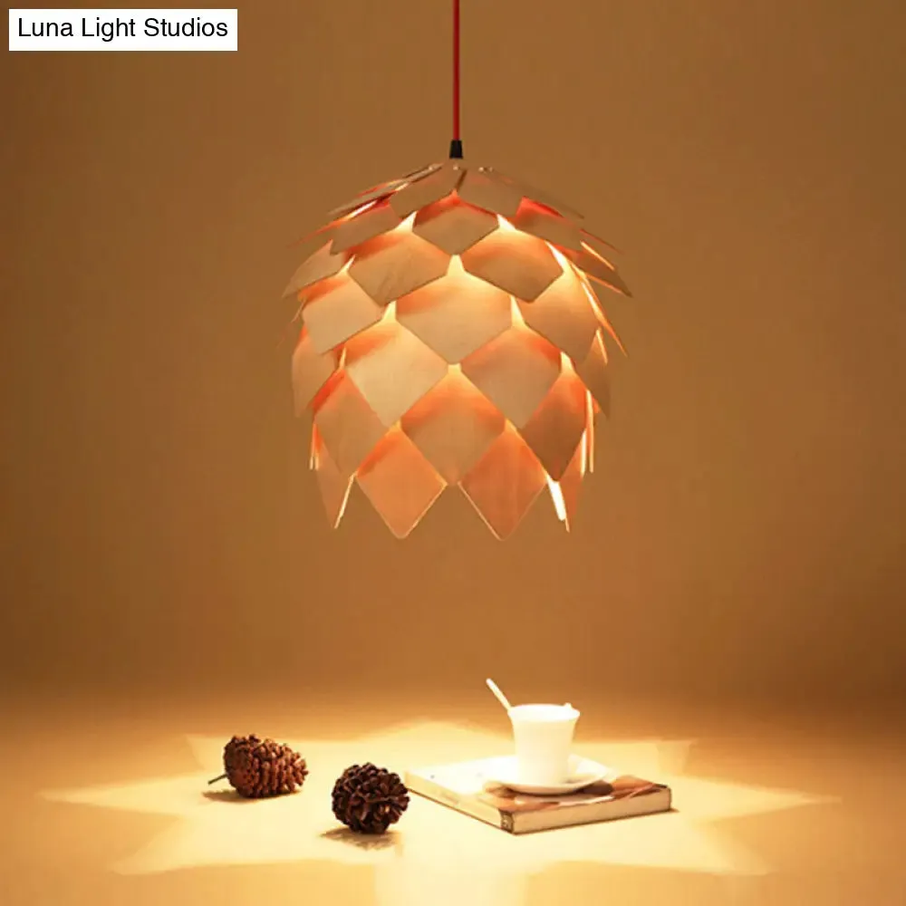 Wooden Shade Pendant Light with Unique Beige Pipecone Design and 1 Bulb