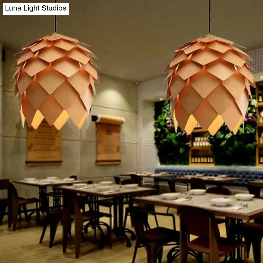 Wooden Shade Pendant Light with Unique Beige Pipecone Design and 1 Bulb